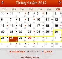 Năm 2015 - Lịch nghỉ lễ Giỗ tổ Hùng Vương, 30-4 và 1-5  kéo dài nhất đến 8 ngày 