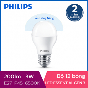 Bộ 12 Bóng đèn Philips LED Essential Gen3 3W 6500K E27 P45 - Ánh sáng trắng