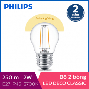 Bộ 2 Bóng đèn Philips LED Classic 2W 2700K E27 P45 - Ánh sáng vàng