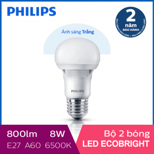 Bộ 2 Bóng đèn Philips LED Ecobright 8W 6500K E27 A60 - Ánh sáng trắng