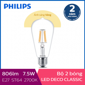 Bộ 2 Bóng đèn Philips LED Fila 7.5W 2700K E27 ST64 - Ánh sáng vàng