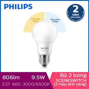 Bộ 2 Bóng đèn Philips LED Scene Switch đổi màu ánh sáng 9.5W 3000K/6500K E27 A60 (Trắng / Vàng)