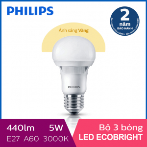 Bộ 3 Bóng đèn Philips LED Ecobright 5W 3000K E27 A60 - Ánh sáng vàng