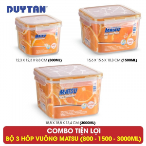 Bộ 3 hộp vuông đựng thực phẩm Duy Tân Matsu dung tích 800-1500-3000ml - 03314+03345+03376