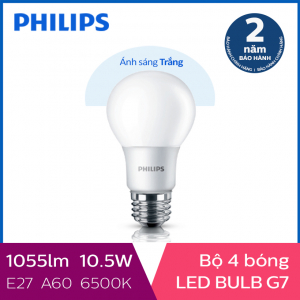 Bộ 4 Bóng đèn Philips LED Gen7 10.5W 6500K E27 A60 - Ánh sáng trắng