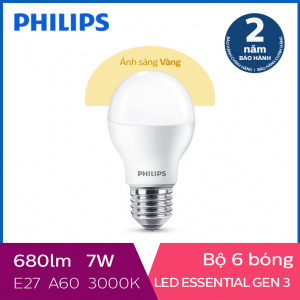 Bộ 6 Bóng đèn Philips LED Essential Gen3 7W 3000K E27 A60 - Ánh sáng vàng
