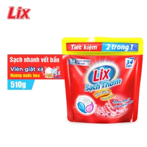 Viên Giặt Xả 2 Trong 1 LIX Sạch Thơm, Đậm Đặc Gấp 5 Lần, Hương Nước Hoa TÚI 34 Viên x 15g - Mã 34V-00101