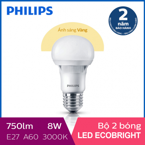 Bộ 2 Bóng đèn Philips LED Ecobright 8W 3000K E27 A60 - Ánh sáng vàng