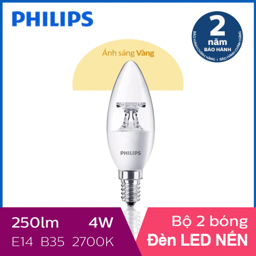Bộ 2 Bóng đèn Philips LED Nến 4W 2700K E14 B35 - Ánh sáng vàng