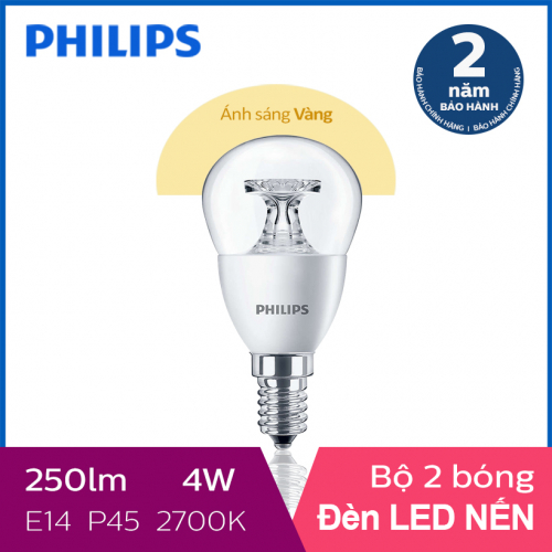 Bộ 2 Bóng đèn Philips LED Nến 4W 2700K E14 P45 - Ánh sáng vàng