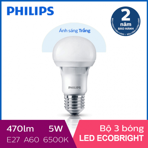 Bộ 3 Bóng đèn Philips LED Ecobright 5W 6500K E27 A60 - Ánh sáng trắng