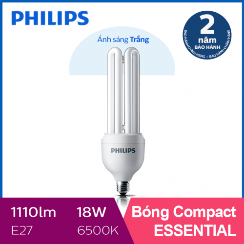 Bóng đèn Compact 3U tiết kiệm điện Philips Essential 18W 6500K E27 - Ánh sáng trắng