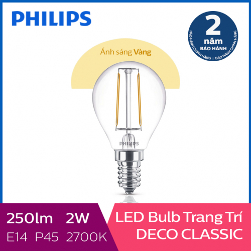 Bóng đèn Philips LED Classic 2W 2700K E14 P45 - Ánh sáng vàng