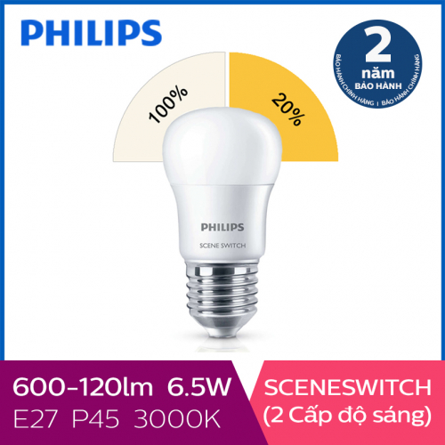 Bóng đèn Philips LED Scene Switch 2 cấp độ chiếu sáng 6.5W 3000K E27 P45 - Ánh sáng vàng