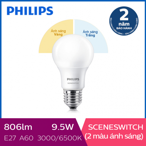 Bóng đèn Philips LED Scene Switch đổi màu ánh sáng 9.5W 3000K/6500K E27 (Trắng / Vàng)